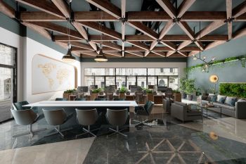 Modern open-plan office lounge with bar seating, sofas, indoor plants, and geometric wood ceiling